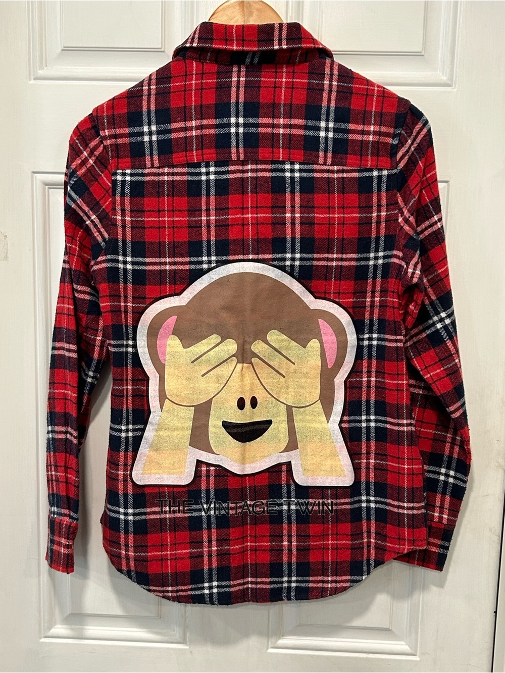 The Vintage Twin Upcycled Plaid Flannel Shirt Size M Monkey Emoji Red Navy Blue